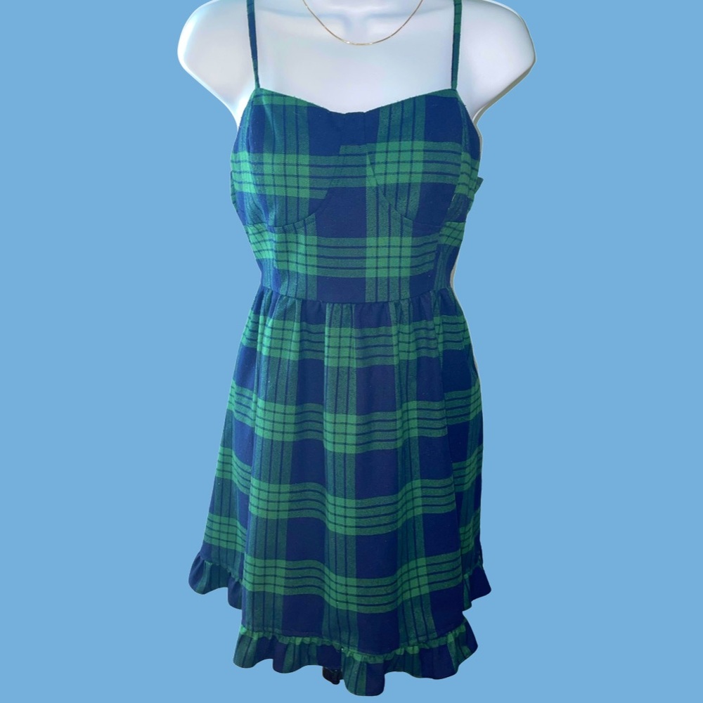Missguided Blue and Green Plaid Babydoll Dress